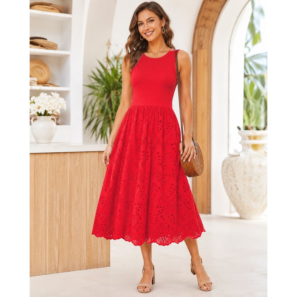 GRACE KARIN Women's New SMALL Midi Dress Red Eyelet Lace Sleeveless A-Line